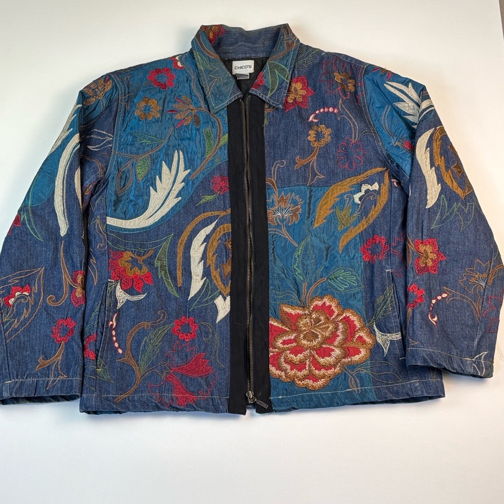 Chico's Blue Jacket with Red and Green Embroidery